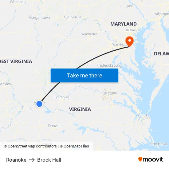 Roanoke to Brock Hall map