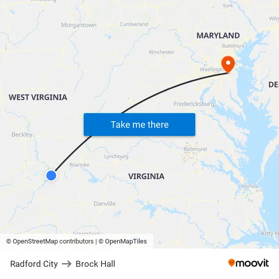 Radford City to Brock Hall map