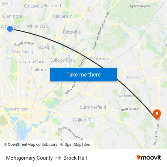 Montgomery County to Brock Hall map