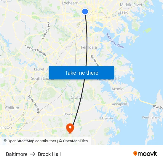 Baltimore to Brock Hall map