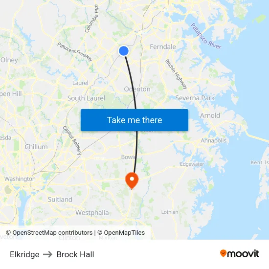 Elkridge to Brock Hall map
