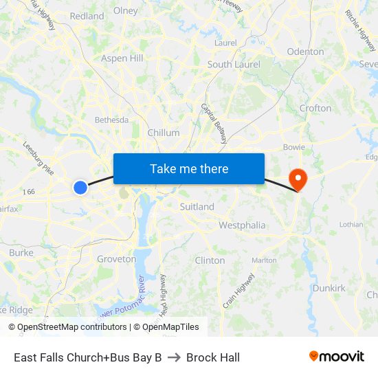 East Falls Church+Bay B to Brock Hall map