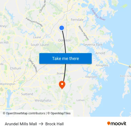 Arundel Mills Mall to Brock Hall map