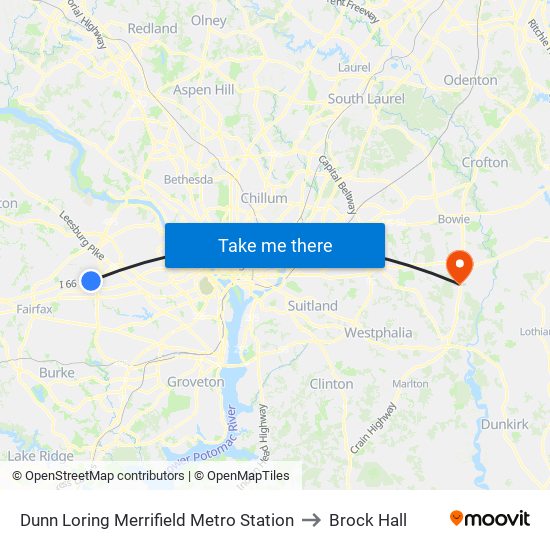 Dunn Loring Merrifield Metro Station to Brock Hall map