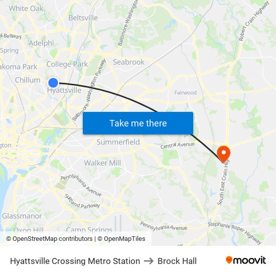 Hyattsville Crossing Metro Station to Brock Hall map