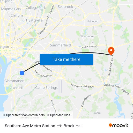 Southern Ave Metro Station to Brock Hall map