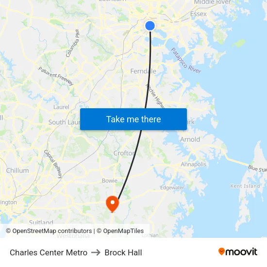 Charles Center Metro to Brock Hall map