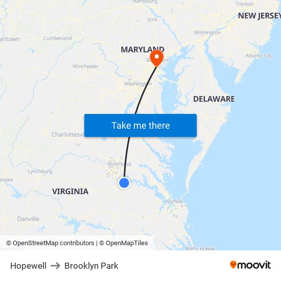 Hopewell to Brooklyn Park map