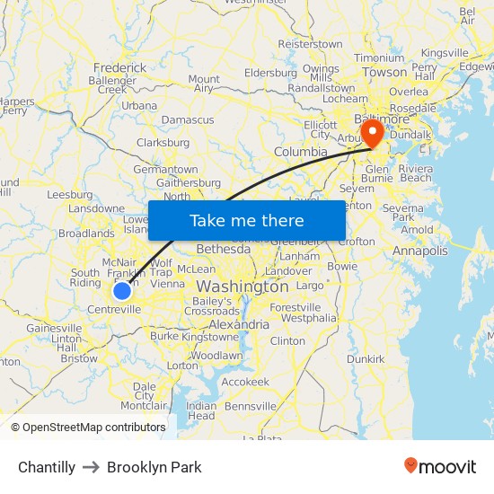 Chantilly to Brooklyn Park map