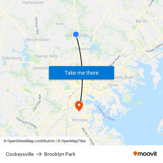 Cockeysville to Brooklyn Park map