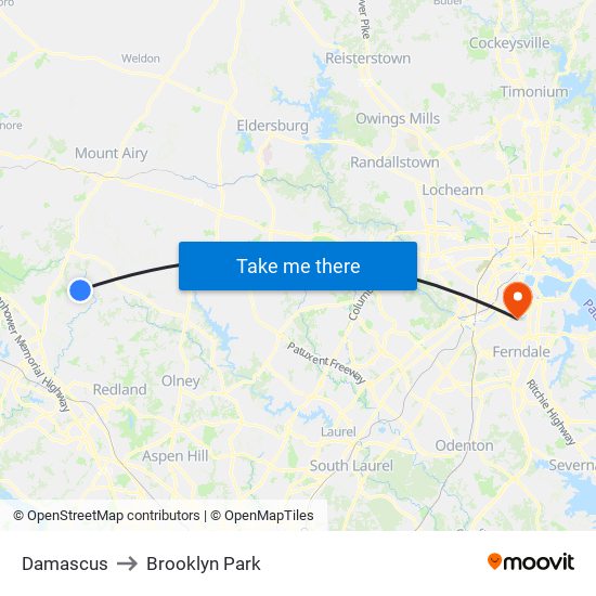 Damascus to Brooklyn Park map