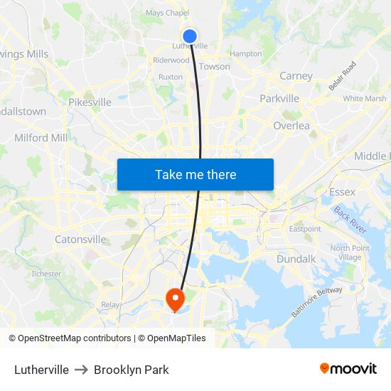 Lutherville to Brooklyn Park map