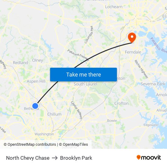 North Chevy Chase to Brooklyn Park map