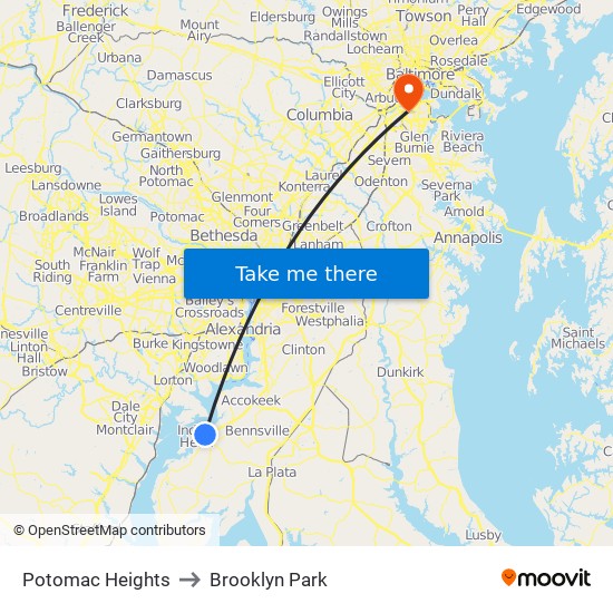 Potomac Heights to Brooklyn Park map