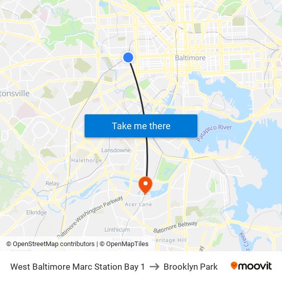 West Baltimore Marc Station Bay 1 to Brooklyn Park map