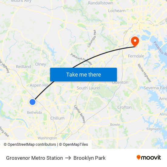 Grosvenor Metro Station to Brooklyn Park map