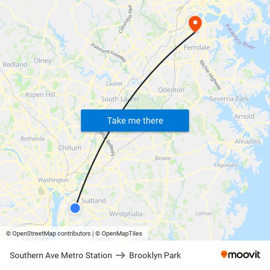 Southern Ave Metro Station to Brooklyn Park map