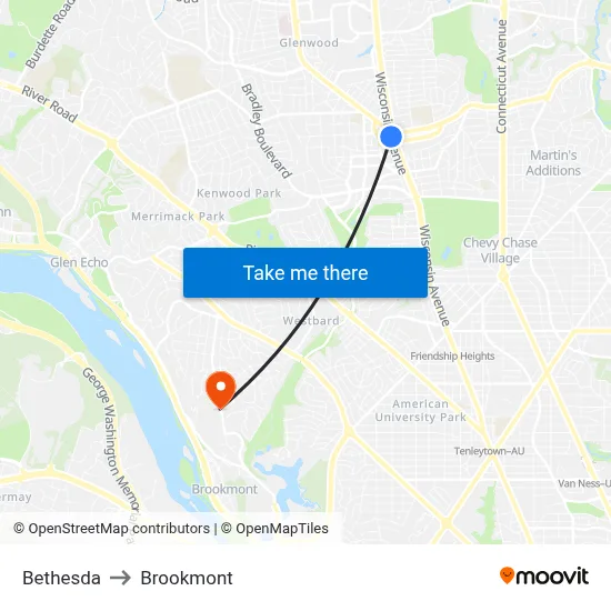 Bethesda to Brookmont map
