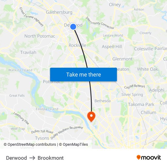 Derwood to Brookmont map