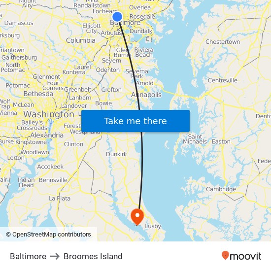 Baltimore to Broomes Island map