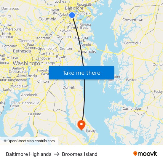 Baltimore Highlands to Broomes Island map