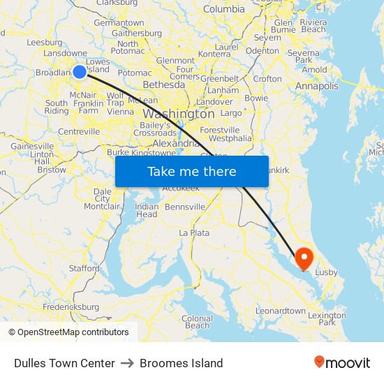 Dulles Town Center to Broomes Island map