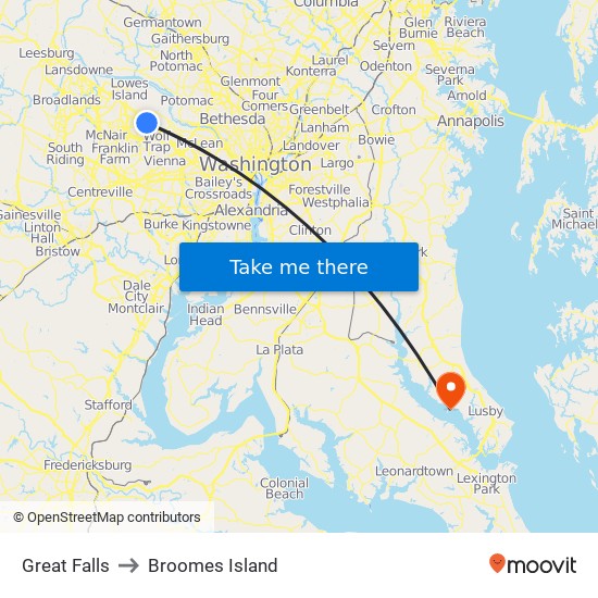 Great Falls to Broomes Island map