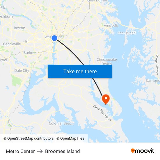 Metro Center to Broomes Island map