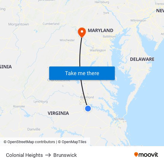 Colonial Heights to Brunswick map