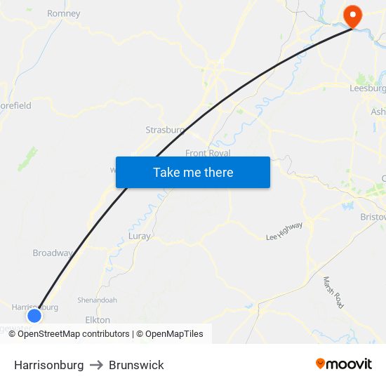 Harrisonburg to Brunswick map