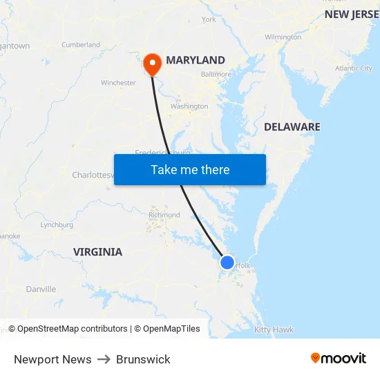 Newport News to Brunswick map