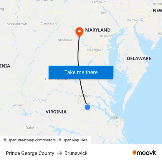 Prince George County to Brunswick map