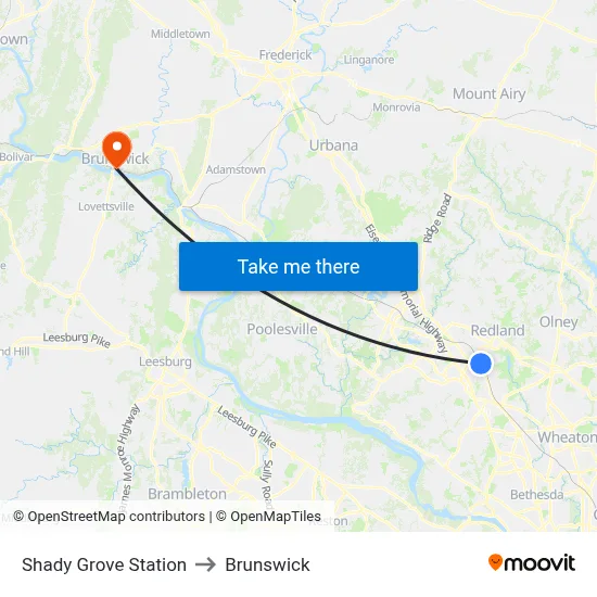 Shady Grove Station to Brunswick map