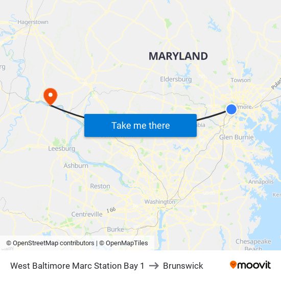West Baltimore Marc Station Bay 1 to Brunswick map