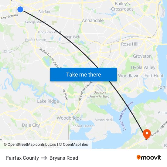 Fairfax County to Bryans Road map