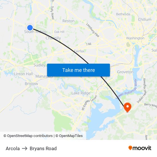 Arcola to Bryans Road map