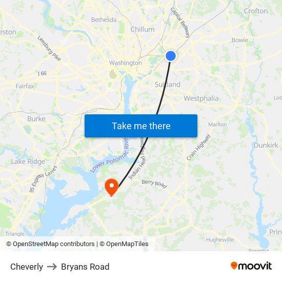 Cheverly to Bryans Road map