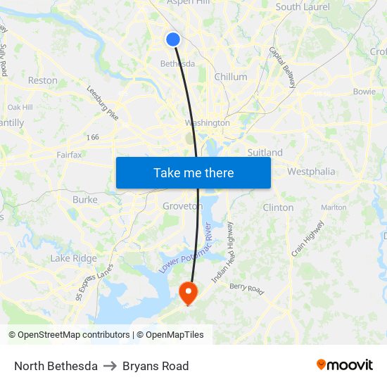 North Bethesda to Bryans Road map