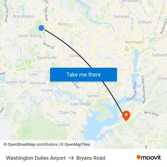 Washington Dulles Airport to Bryans Road map