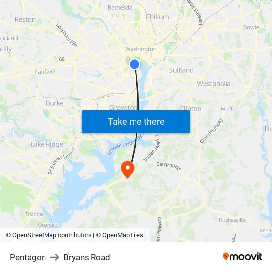 Pentagon to Bryans Road map
