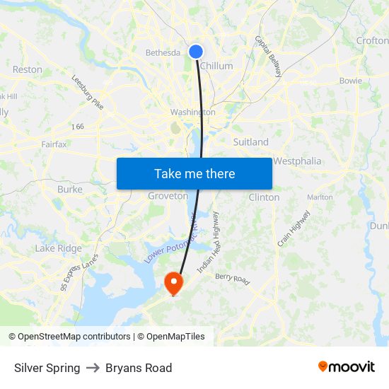 Silver Spring to Bryans Road map