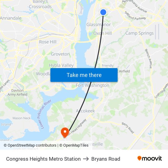 Congress Heights Metro Station to Bryans Road map