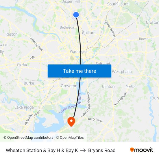 Wheaton Station  & Bay H & Bay K to Bryans Road map