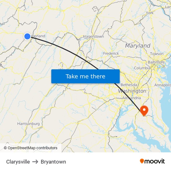 Clarysville to Bryantown map