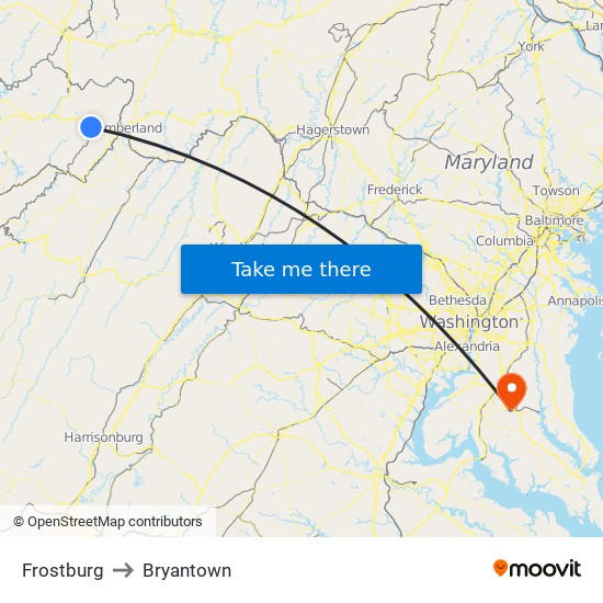 Frostburg to Bryantown map