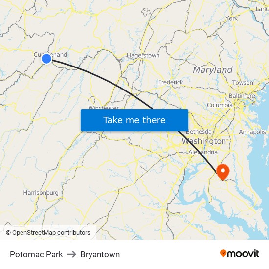 Potomac Park to Bryantown map