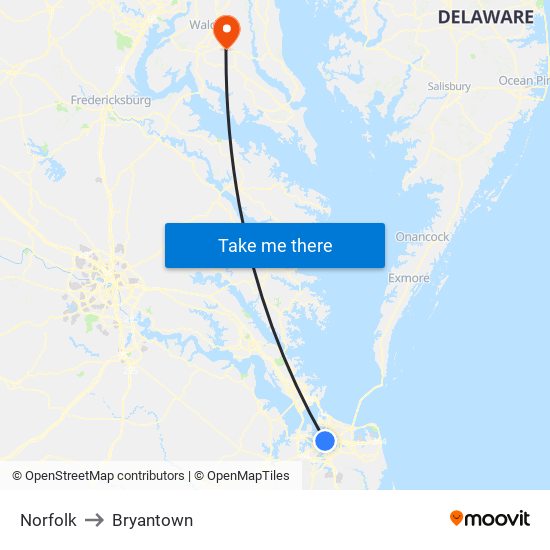 Norfolk to Bryantown map