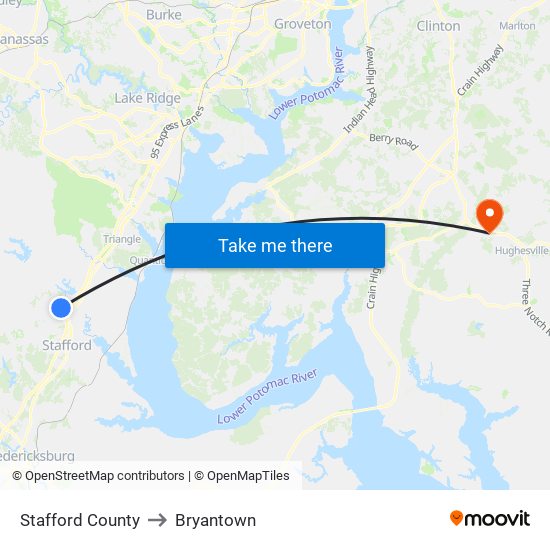 Stafford County to Bryantown map