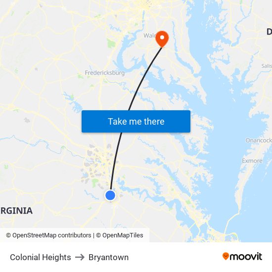 Colonial Heights to Bryantown map