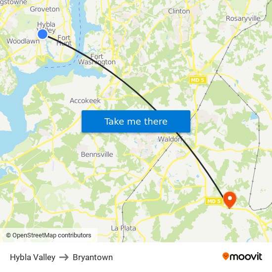 Hybla Valley to Bryantown map